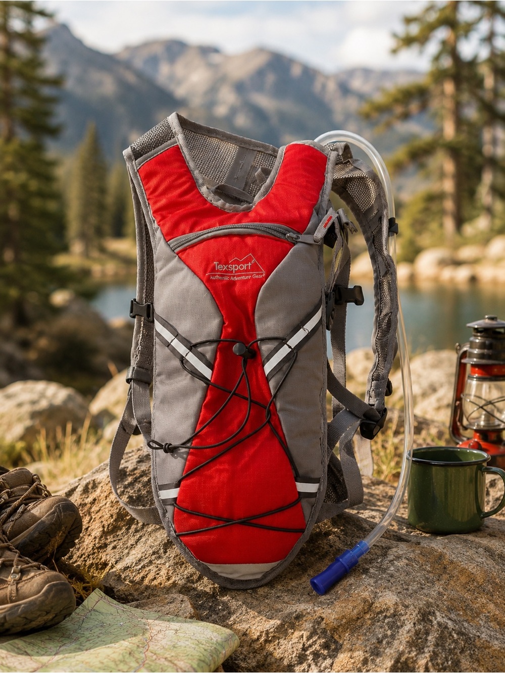 Texsport Hydration Backpack w/ Water Bladder – Lightweight Hiking Pack Red/Gray